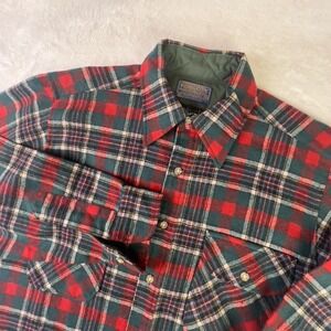 Vintage Pendleton Jacket Mens Medium Red Green Plaid Wool Lined Shirt 70s